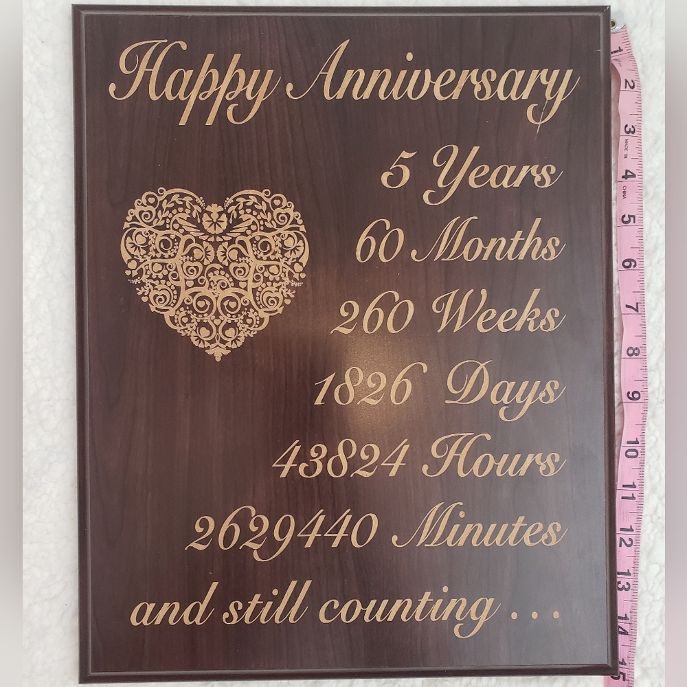 5th Anniversary Engraved Natural Wood Plaque